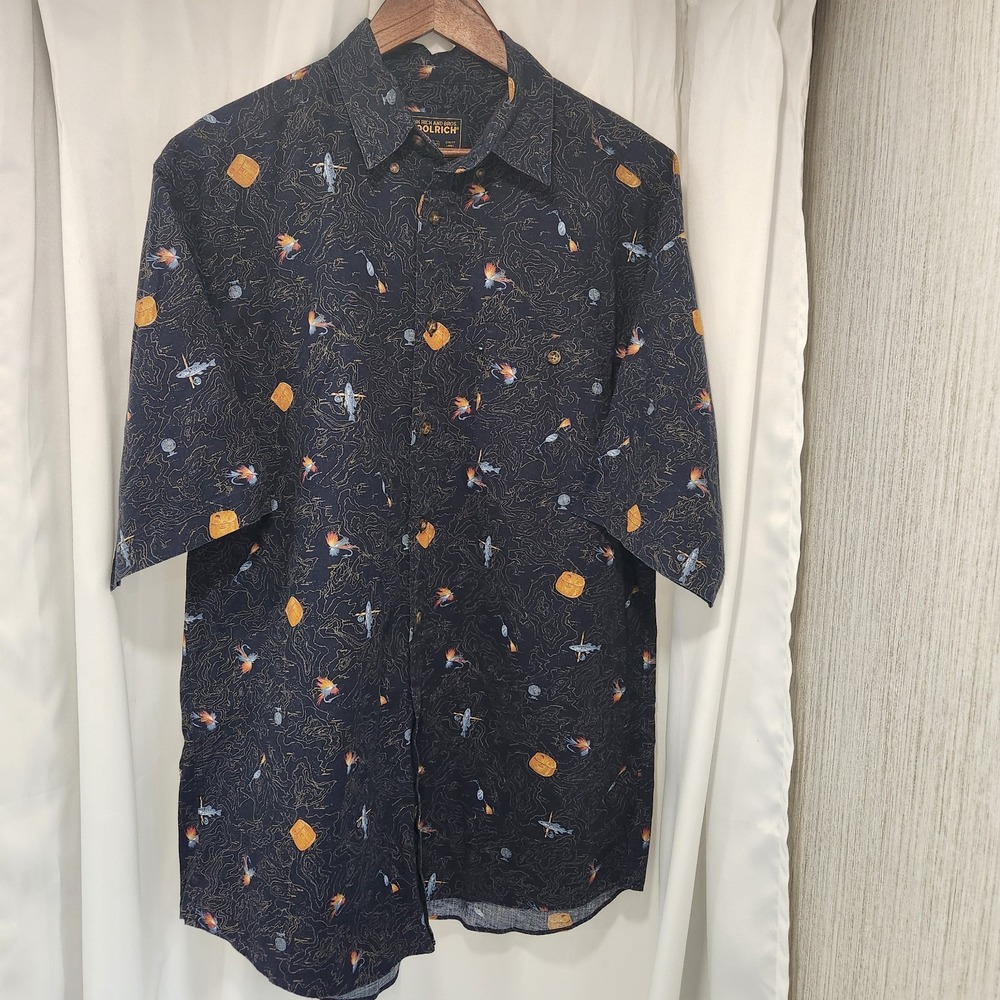 Woolrich‎ Fly Fishing Lure Creel Lake Depth Contour Map Print Shirt Men's Large
